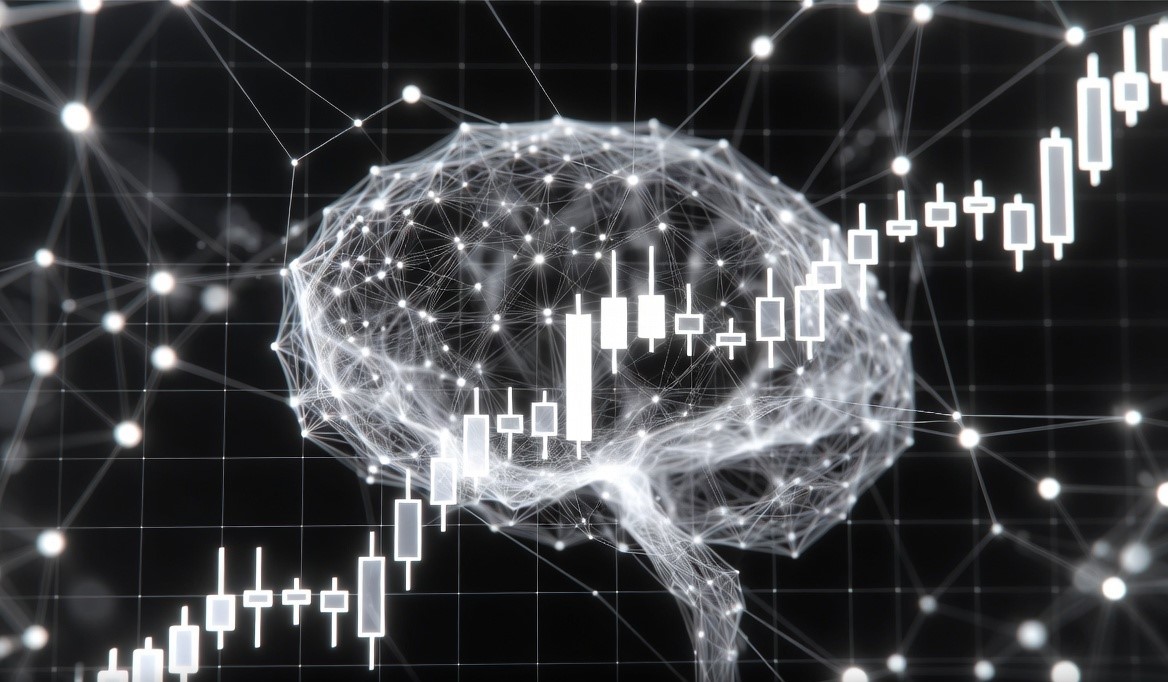 Neural network with candlestick chart overlay representing AI-driven trading systems.